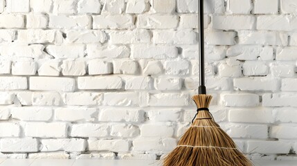 Plastic whisk broom with dustpan near white brick wall indoors. Space for text
