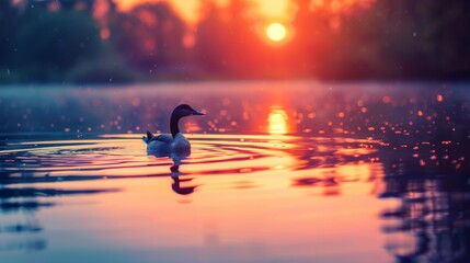 A duck swimming in a lake at sunset with the sun setting behind it, AI - Powered by Adobe
