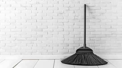 Plastic whisk broom with dustpan near white brick wall indoors. Space for text