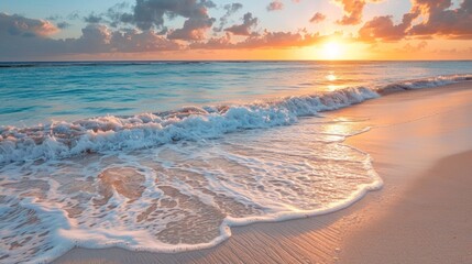 A beach with waves and a sunset in the background, AI