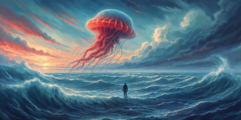 A dramatic scene of a person standing on the center of a stormy sea, with a large red jellyfish floating above them. - obrazy, fototapety, plakaty