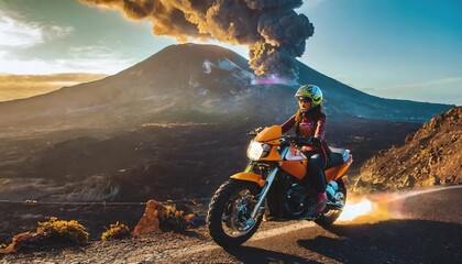 adventurer rides through volcanic eruption terrain a stunning image capturing a bold adventurer on a motorcycle navigating through a dangerous volcanic landscape with eruptions in the background