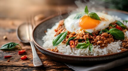 Thai food classic Pad Kra Pao presented for commercial dining, complete with spicy chicken, basil, rice, and egg.