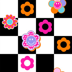 Abstract seamless funny pattern with colourful smile faces, flowers on checkered background. Retro groovy retro style	
