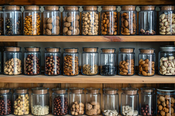 photograph of a modern cabinet full of different nuts neatly arranged in special glass jars, space...