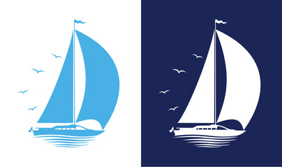 Modern sailing yacht silhouette with gulls. Vector template on transparent and dark background