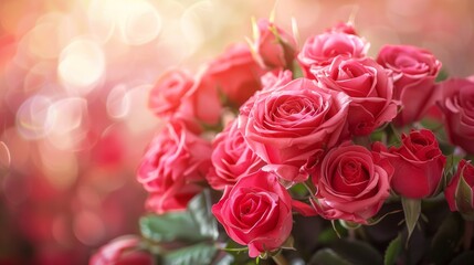 A close up of a bunch of pink roses in the sunlight, AI