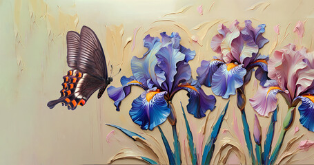 iris flowers and swallowtail butterfly painted with oil paints on a beige background	