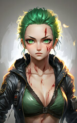 A girl with green hair who looks grumpy