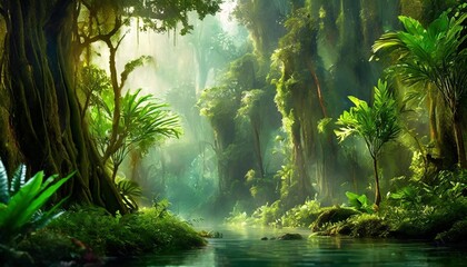 landscape illustration fantasy tropical nature forest environment with scenic green foliage digital...