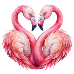 Two flamingos are facing each other creating a heart shape with their necks and heads against a solid-colored background.