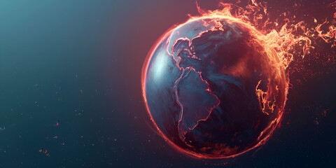 Planet Earth globe burning, destroyed by fire, conceptual illustration of global warming, temperature increase, over heating of the world in climate change - 781643963