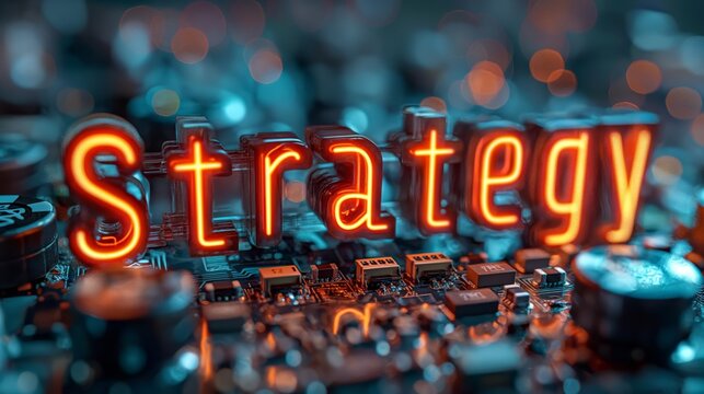 Strategy text in led light. "Strategy" text in glowing orange led lights on blue background. Design concept. Strategy concept. Team concept.