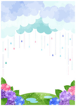 梅雨、背景、イラスト、雨、あじさい、明るい、縦型、水彩