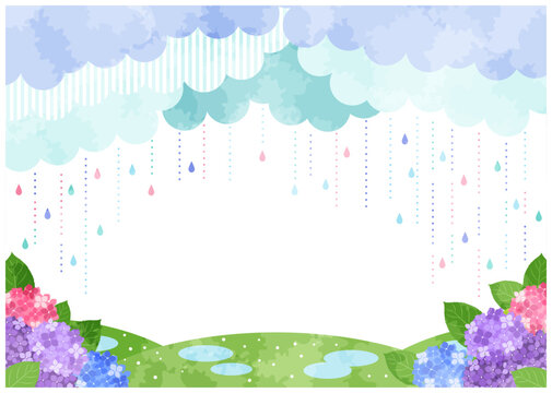梅雨、背景、イラスト、雨、あじさい、明るい、横型、水彩
