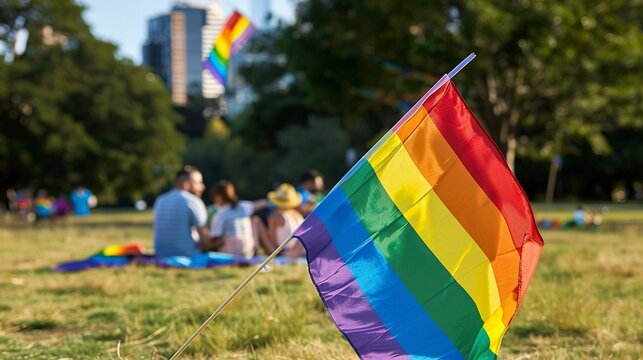 Pride flag fluttering, with an LGBTQ family picnic in the background, calypso vibes
