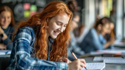 Fototapeta premium A woman with red hair writing in a notebook while sitting at her desk, AI