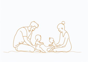 One line drawing of a family with a child playing together, a mother and father sitting on the ground holding their baby girl while they play happily together Generative AI