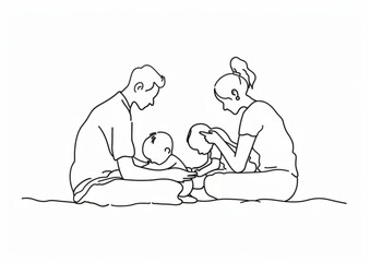 One line drawing of family playing together, mother and father with child sitting on knees holding baby in arms while they play game Generative AI