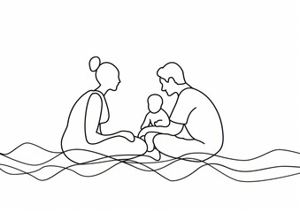 One line drawing of family with child playing together, mother and father sitting on the ground holding their baby girl in hand isolated white background Generative AI
