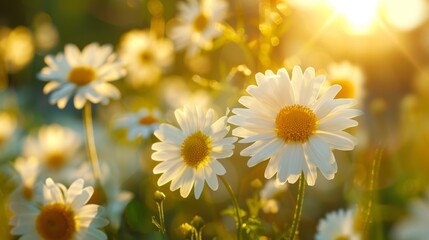 A close up of a field full of daisies with sunlight shining through, AI