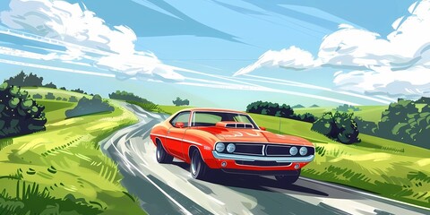 muscle car illustration, motors, roadtrips, ai image of cars