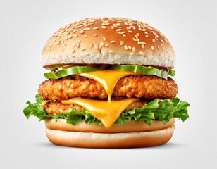 A juicy burger with melted cheese, fresh cucumbers and crispy lettuce on a toasted bun isolated on a white background. Generative AI