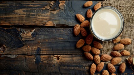 Glass of almond milk and almonds - obrazy, fototapety, plakaty