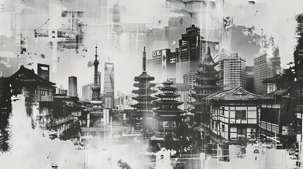 Vintage Grunge Collage: Photorealistic Black and White Asian Cityscape