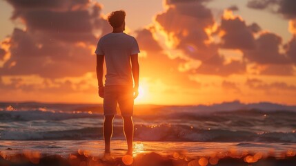 A man standing on the beach watching a sunset, AI - Powered by Adobe