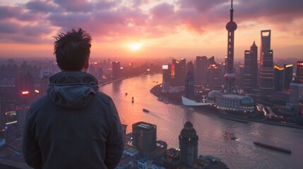 Fototapeta na wymiar A man looking out over a fictional futuristic city at sunset, AI