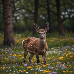 A cute sika deer stands in spring flowers, looking for food beautiful pic 