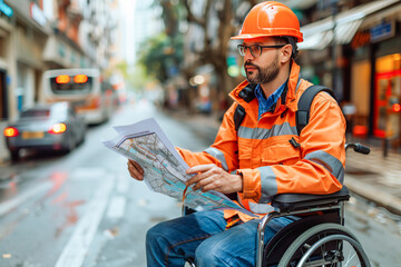Architect worker in a wheelchair, consults construction project