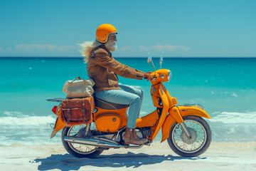 Elderly retired man travels by motorbike on the beach