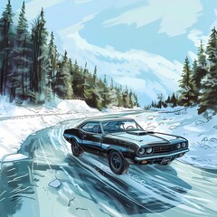 muscle car illustration, motors, roadtrips, ai image of cars