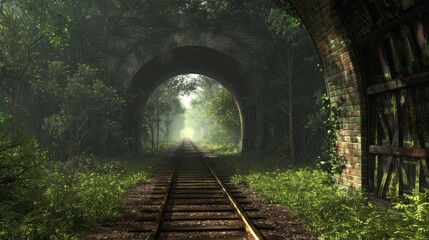 Fototapeta na wymiar A train track passing through a forest tunnel