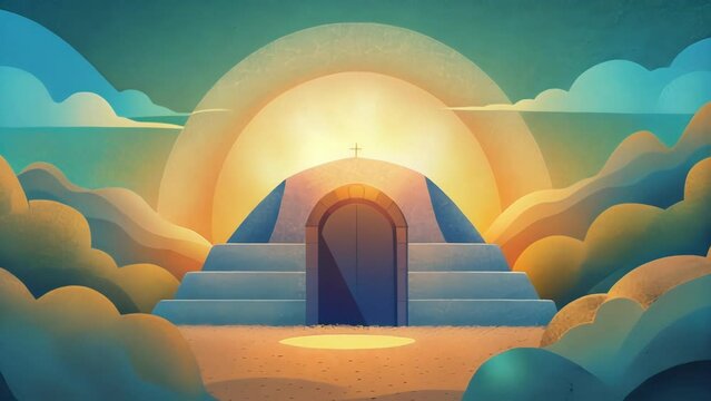The empty tomb behind them serves as a powerful reminder of Jesus resurrection and ultimate victory over death. As he leaves this earth and