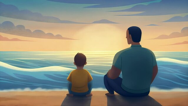 A father and son sit on a beach watching the waves crash against the shore. The son remorseful for his past mistakes looks to his father for