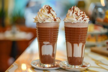 Obraz na płótnie Canvas Two glasses of rich chocolate frappe topped with whipped cream, sprinkled with chocolate, indoors. Chocolate Frappe with Whipped Cream in Glass