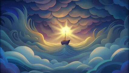 An abstract piece featuring a stormy sea with a small boat in the center representing the chaos and turmoil of life but in the midst of it is a