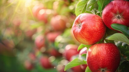 A bunch of apples are growing on a tree in the sun, AI