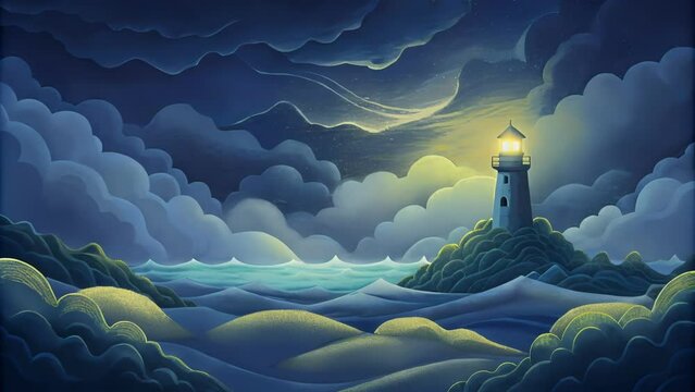 A stormy sea with a lighthouse shining brightly in the distance guiding ships to safety representing Gods salvation and protection as a light
