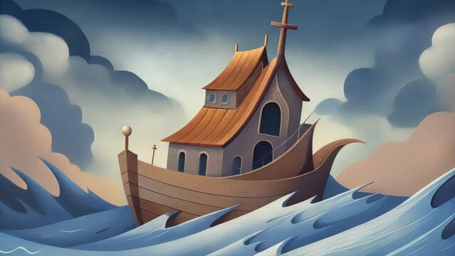 A rickety boat in the middle of a stormy sea its sails tattered and its hull leaking. Despite its appearance and efforts to keep afloat the