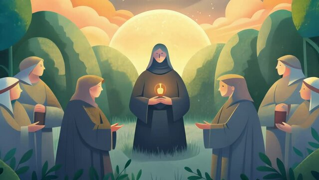 In a monastery garden a group of nuns sits in a circle each holding a rosary and softly chanting prayers. As the sun sets and the candles