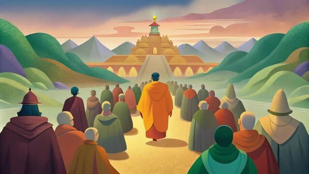 Diverse Yet Unified In a bustling monastery the vivid colors of monks robes swirl together representing the diversity of cultures and