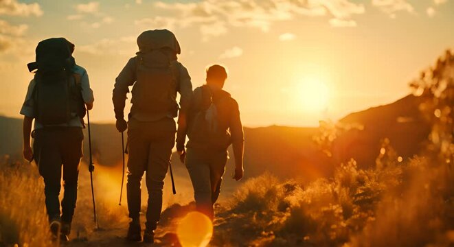 Friends walking with backpacks in sunset. Concept of adventure, travel, tourism, hike, and friendship among people.