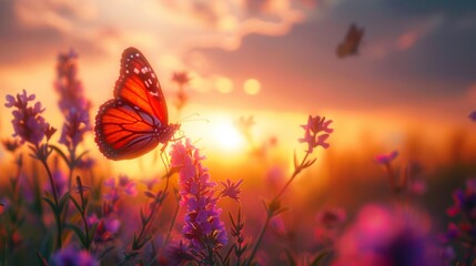 A butterfly is sitting on a flower in the sunset, AI