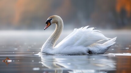 A white swan swimming in a lake with fog and trees, AI