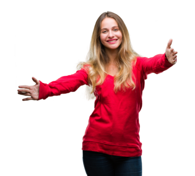 Young beautiful blonde woman wearing red sweater over isolated background looking at the camera smiling with open arms for hug. Cheerful expression embracing happiness.