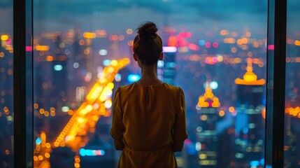 A woman looking out a window at the city lights, AI